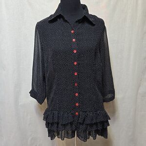 Vintage Sheer Black White Polka Dot Shirt Womens XL Red Buttons Collared Ruffle